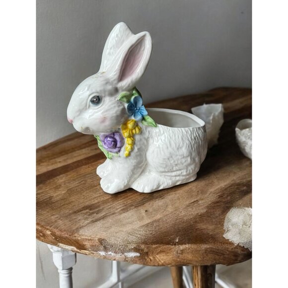 Vintage Ceramic Bunny Planter With Floral Accents - Picture 1 of 5